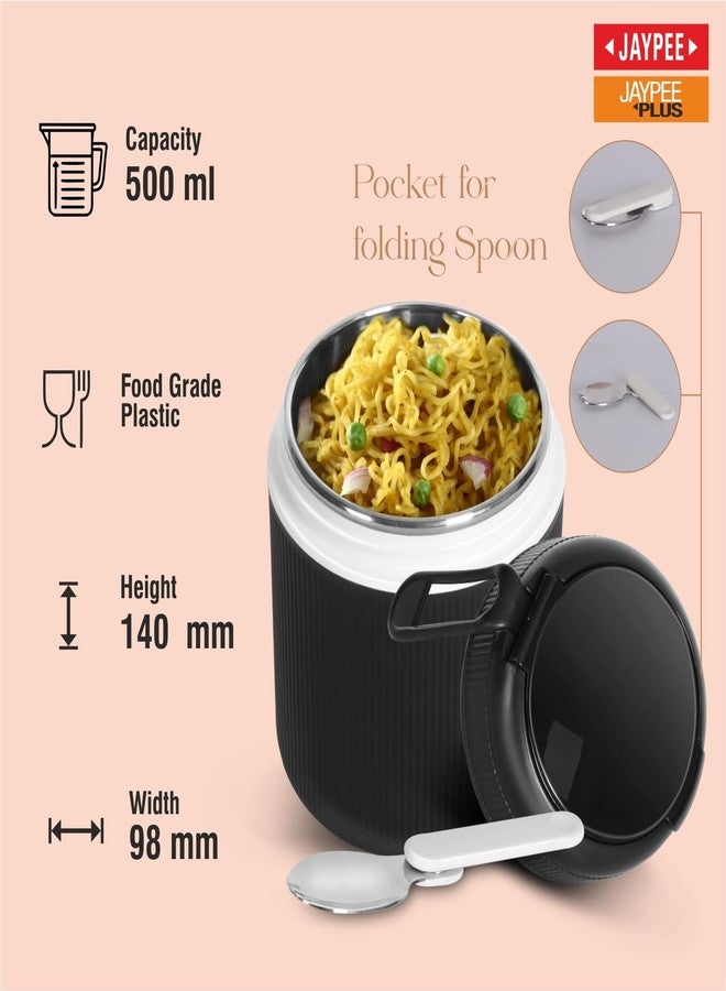 JAYPEE SoloMeal PUF Insulated Inner Stainless Steel Food Jar with Foldable Spoon|Hot/Cold Meal Jar for Kids|Office Women |Men|Food Storage Traveling Box Light Weight |Scratch Resistant|500 ml, Black - Image 5